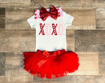 Baby Girl Valentines Day Outfit, XOXO Bodysuit , Red Chiffon Tutu Bloomer,  Pink with Red Heart Headband with Red Sequins Bow