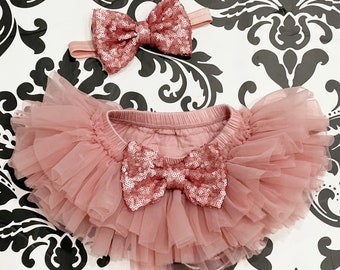 Tutu bloomer and Headband in Rose Gold,  First Birthday Tutu, Newborn photos, Cake Smash