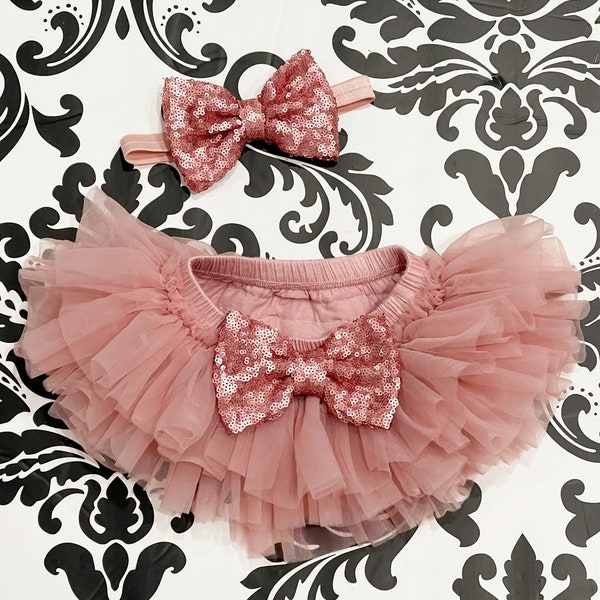 Tutu bloomer and Headband in Rose Gold,  First Birthday Tutu, Newborn photos, Cake Smash