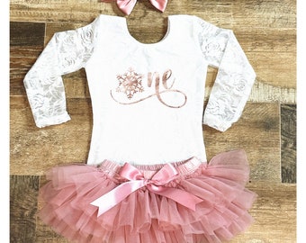 First Birthday Outfit, Winter Onderland 1st Birthday,  Lace Bodysuit with Rose Gold Snowflake and One , Dusty Rose Tutu Bloomer and Headband