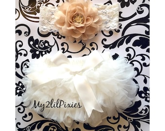 Ruffle Diaper cover and Headband, Baby Girl Ruffle Bum Bloomer and Headband, Beige and Cream, Baby Girl Ruffle diaper cover, Baby Girl Gift