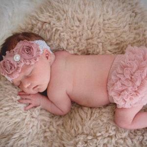 Baby Girl Headband and Ruffle Bloomer Dusty Rose Set Baby Bloomers Newborn Infant Toddler Baby Girl Photo Set Baby Girl Gift image 4