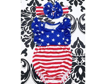 Stars and Stripes baby girl Romper and matching headband - 4th of July outfit- Baby Girl First Independence Day