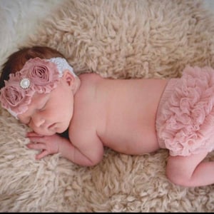 Baby Girl Headband and Ruffle Bum Bloomer Dusty Rose Set Baby Bloomers Newborn Infant Toddler Baby Girl Photo Set Baby Gift image 2