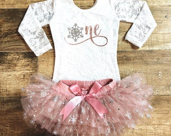 First Birthday Outfit, Winter Onderland 1st Birthday,  Lace Bodysuit with Snowflake and One , Snowflake Tutu Bloomer and Headband