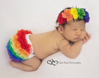 Rainbow Ruffle Bum BLOOMERS and HEADBAND, Rainbow Ruffle Bum Diaper Cover Baby girl Rainbow Gift