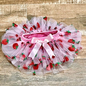 Berry First Birthday Tutu , Pink and Red Strawberry Tutu Bloomer with Attached Satin Bow , Cake Smash Photo