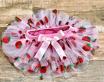 Berry First Birthday Tutu , Pink and Red Strawberry Tutu Bloomer with Attached Satin Bow , Cake Smash Photo