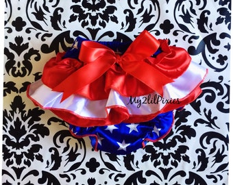 Forth of July Diaper cover, red white and Blue, Bloomers , ruffle bloomer, newborn bloomer, satin ruffle bum bloomer,  Ready to ship