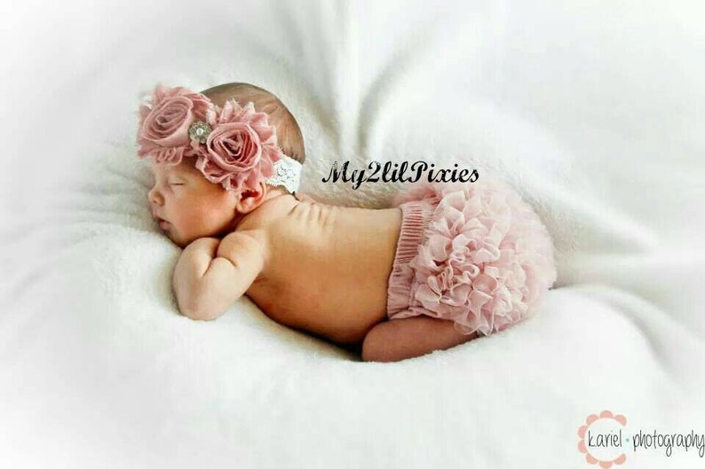 Baby Girl Headband and Ruffle Bloomer Dusty Rose Set Baby Bloomers Newborn Infant Toddler Baby Girl Photo Set Baby Girl Gift image 1