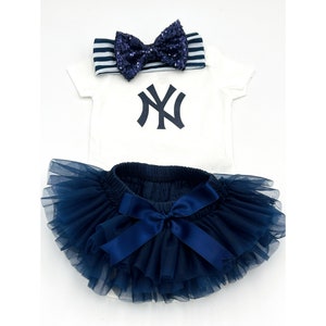 Yankees inspired Baby Girl Set  NY Baseball Spirit Wear, Navy tutu bloomers, Navy and White headband with Sequins bow, baby shower gift
