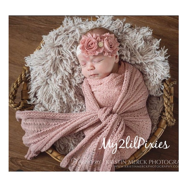 Dusty Rose Flower Baby Headband: Shabby Chic Rhinestone Pearl