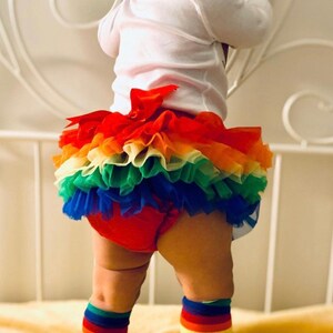 Puede incluir: Un beb&eacute; con una falda de tut&uacute; arco&iacute;ris con un lazo rojo y calcetines a rayas arco&iacute;ris.