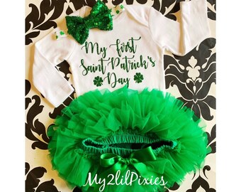 My First Saint Patrick's Day Baby Girl Bodysuit, St. Particks day outfit, shamrocks , Bodysuit, Green Tutu Bloomer, Headband