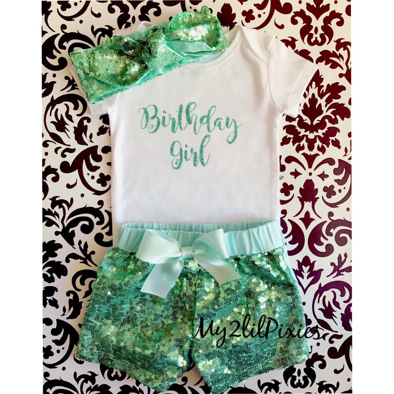 Birthday Girl Bodysuit or Tee sparkle head wrap Mint sequin shorts girls birthday outfit- girls sequin shorts baby girl headband