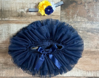 Baby Girl TUTU BLOOMER and HEADBAND in Navy, Yellow and White, Baby Headband and Navy Tutu Bloomer, Baby Girl Gift , Cake Smash outfit