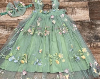 Vestido y diadema de tul bordado color salvia - Vestido de boda de verano - Vestido de niña de las flores - Primer cumpleaños - Medio cumpleaños - Sundres