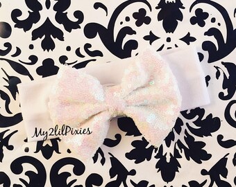 White Sparkle Bow Headband, Baby Girl Headbands, Headbands for Girls, WHITE Glitter Bow band, Bow band, Easter Headband, Sequins bow white