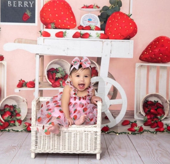 Pink Strawberry Tulle Dress and Headband - Berry First Birthday