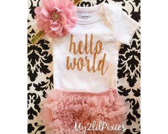 Baby Girl Coming Home Outfit, Baby Girl Clothes, Baby Girl Gift, Hello World Bodysuit , Dusty Rose Ruffle Bum Bloomer , Dusty Rose Headband