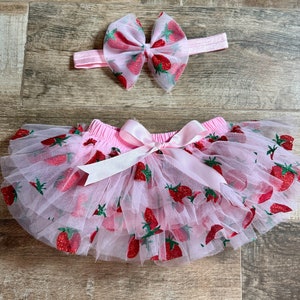 Berry First Birthday Tutu and Headband , 2nd Birthday - Pink and Red Strawberry Tutu Bloomer with Attached Satin Bow , Cake Smash Photo