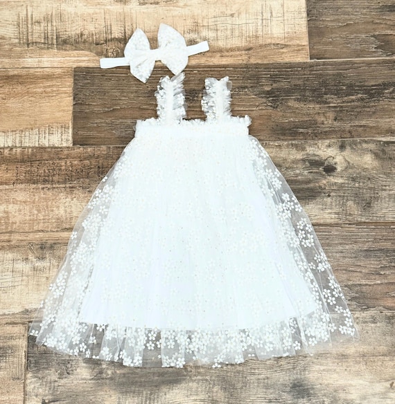 White Tulle Daisy Dress and Bow Headband, Baby Flower Girl Outfit, Spring Dress