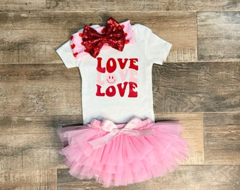 Baby Girl Valentines Day Outfit, Love Bodysuit, Pink Chiffon Tutu Bloomer,  Pink with Red Heart Headband with Red Sequins Bow