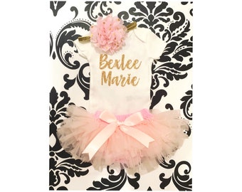 BABY GIRL Personalized Gift, Coming Home Outfit , Baby Girl Outfit, Pink Tutu, Personalized Shirt, baby Headband, gift set