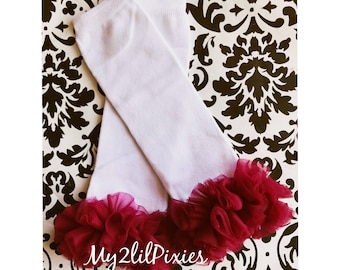 Leg Warmers - Ruffle leg warmers- White and Maroon Leg warmers - baby girl leg warmers - girls leg warmers