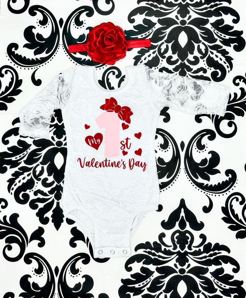 My First Valentines Day Outfit, White Lace Bodysuit, Red tutu Bloomer, Red Flower Headband Valentines Day Baby Girl Clothing image 2
