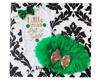 Saint Patricks Day Outfit- Green and Gold- Green Tutu Bloomers- Shamrock Headband - Green sequins bow - Little Miss Pot of Gold Bodysuit