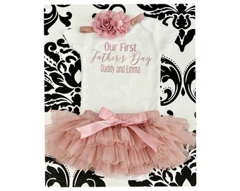 First Father’s Day Outfit - Baby Girl Father’s Day Outfit,  Happy First Fathers Day - Rose Gold - Bodysuit - Tutu - Baby Girl Headband
