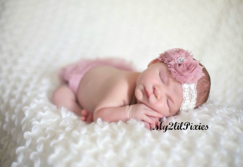 Baby Girl Headband and Ruffle Bloomer Dusty Rose Set Baby Bloomers Newborn Infant Toddler Baby Girl Photo Set Baby Girl Gift image 6