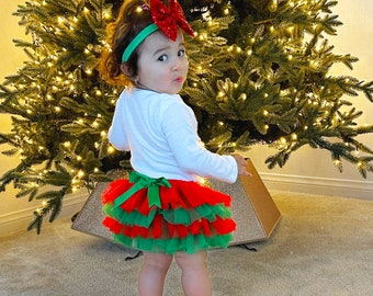 Christmas Tutu Bloomer and Red Sequins bow on headband - Red and Green -  Ready to Ship