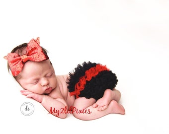 Thin Red Line Ruffle Bottom Baby Bloomer in black and red ruffles