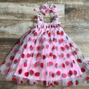 Pink Strawberry Tulle Dress and Headband - Berry First Birthday Dress - Strawberry Outfit -1/2 Birthday - Strawberry Birthday Party