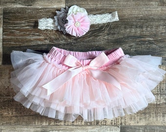 Tutu Bloomer and Flower Lace Headband ,all around ruffle bloomer , cake smash , Photo prop, Newborn Photos - Ready to ship