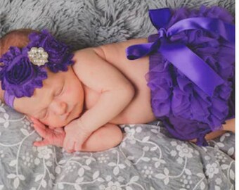 Baby Bloomer and Headband- baby girl set in purple- Ruffle Bum Baby Bloomer with satin bow- baby headband- Baby Shower Gift