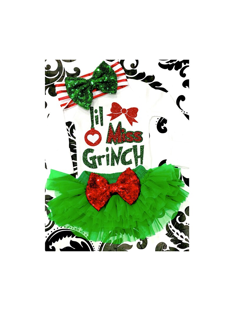 Baby Girl First Christmas, Little Miss Grinch Outfit , Red and Green, Christmas tutu, red sparkle baby headband , Christmas Outfit 