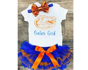 FLORIDA GATORS inspired ONESIE®  Baby Girl Clothing Set Orange and Royal Tutu Bloomer Headband with orange bow Baby Girl Gift