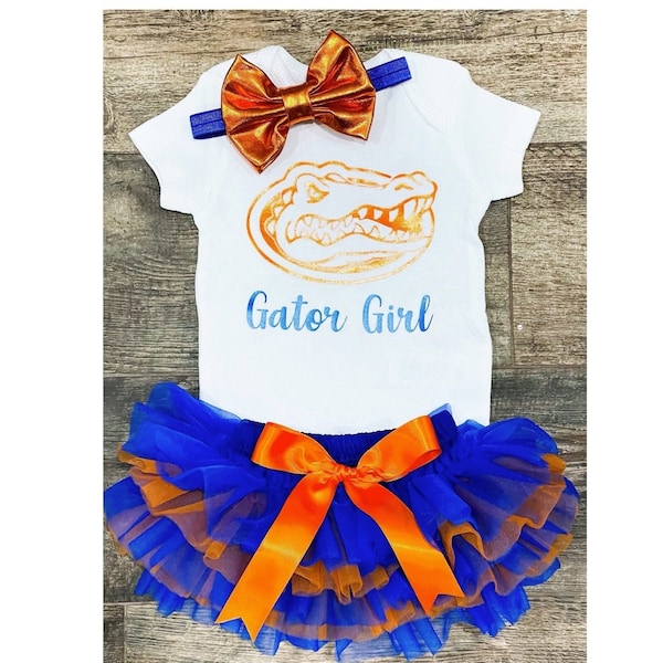 FLORIDA GATORS inspired ONESIE®  Baby Girl Clothing Set Orange and Royal Tutu Bloomer Headband with orange bow Baby Girl Gift