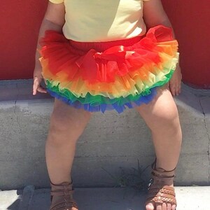 Puede incluir: Un ni&ntilde;o o ni&ntilde;a lleva una camiseta amarilla de manga corta y una falda de tul de arco&iacute;ris. La falda tiene varias capas de tul en rojo, naranja, amarillo, verde, azul y morado.