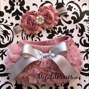 RUFFLE DIAPER COVER and Headband- baby girl set- Ruffle Bum Baby Bloomer with satin bow- baby headbands in vintage pink - grey- white