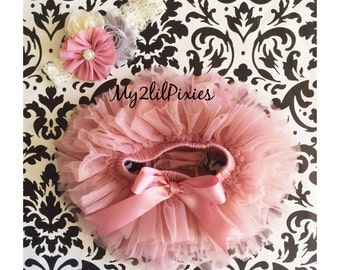 Vintage Pink TUTU Bloomer and Headband,all around ruffle bloomer,Baby Bloomers,Headbands,Newborn tutu,cake smash,Photo prop- Ready to ship