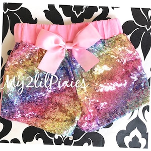 Pastel Rainbow Sequin Shorts With Attached Pink Satin Bow - Rainbow Sparkle Shorts - Baby girl through big girl size