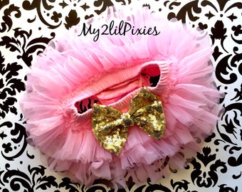 Tutu Bloomer in Pink with Gold Sequins bow-  First Birthday Tutu - Newborn tutu baby girl - Cake Smash tutu - Baby Girl Gift
