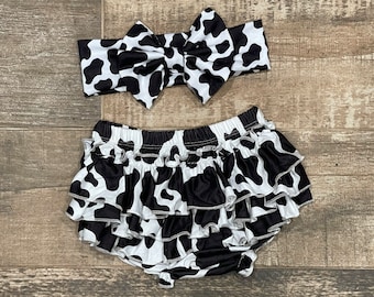 Baby Girl Cow Ruffle Bum Bloomer and Cow Headband Baby Girl Headbands Cow Baby Bow Cow Baby Gift