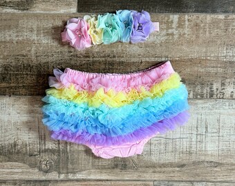Pastel Rainbow Ruffle bum diaper cover and Headband set , perfect easter headband and ruffle bloomer