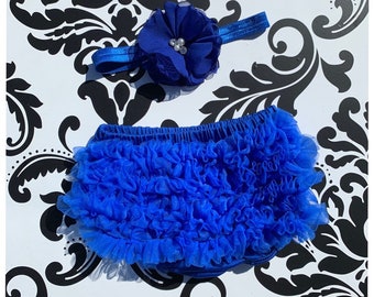 Royal Blue Ruffle Bum Baby Bloomer and Headband - Diaper Cover - cake smash- Headband Bloomer, baby girl headbands