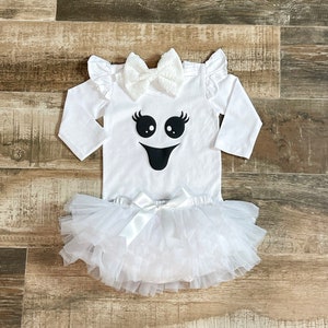 Girls Ghost Costume - Ghost Halloween Bodysuit, Ghost Halloween tutu, White Sequins bow on white Headband - Baby Girls First Halloween